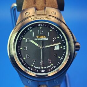 Vintage 2009 Timex Expedition Indiglo Date 49mm Mens Quartz Watch Leather 5-7.75